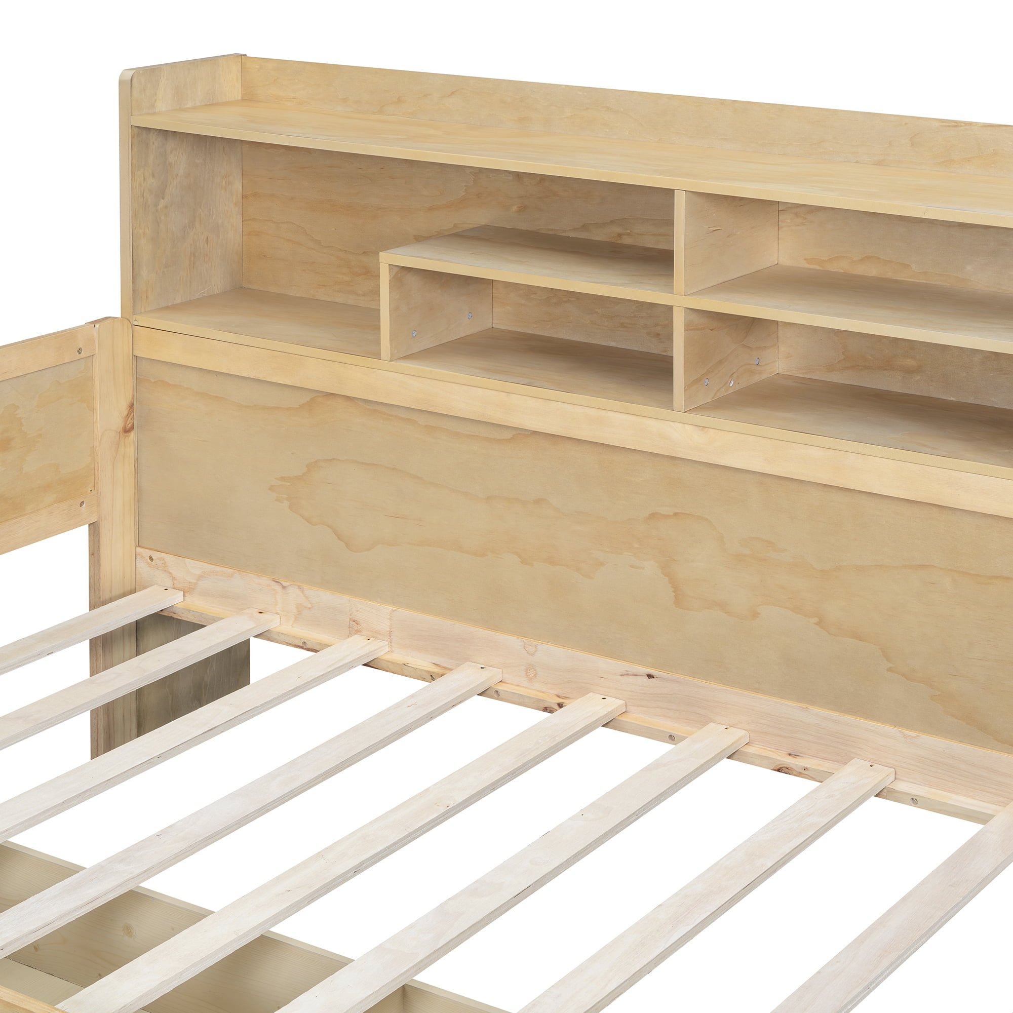Euroco Wood Twin Size Daybed with Bookcase, Functional Shelves and Drawers for Bedroom, Natural