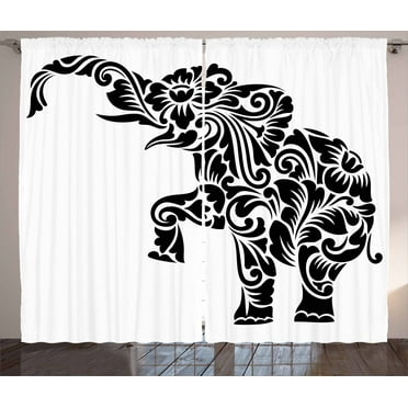 Ambesonne Animal Curtains 2 Panel Set, Monochrome Floral Animal, 108" x 63", Black and White