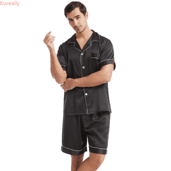 Kureaily Plain Satin Sleepwear Soft Smooth Short Sleeve Short Pant Sleepwear Man With Pockets Two Piece Pajamas Mens Pajama Set