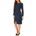 thumbnail image 4 of INSPIRE CHIC Boat Neck Dress for Women's Long Sleeves Ruched Wear to Work Midi Split Sheath Dress XS Dark Blue, 4 of 6