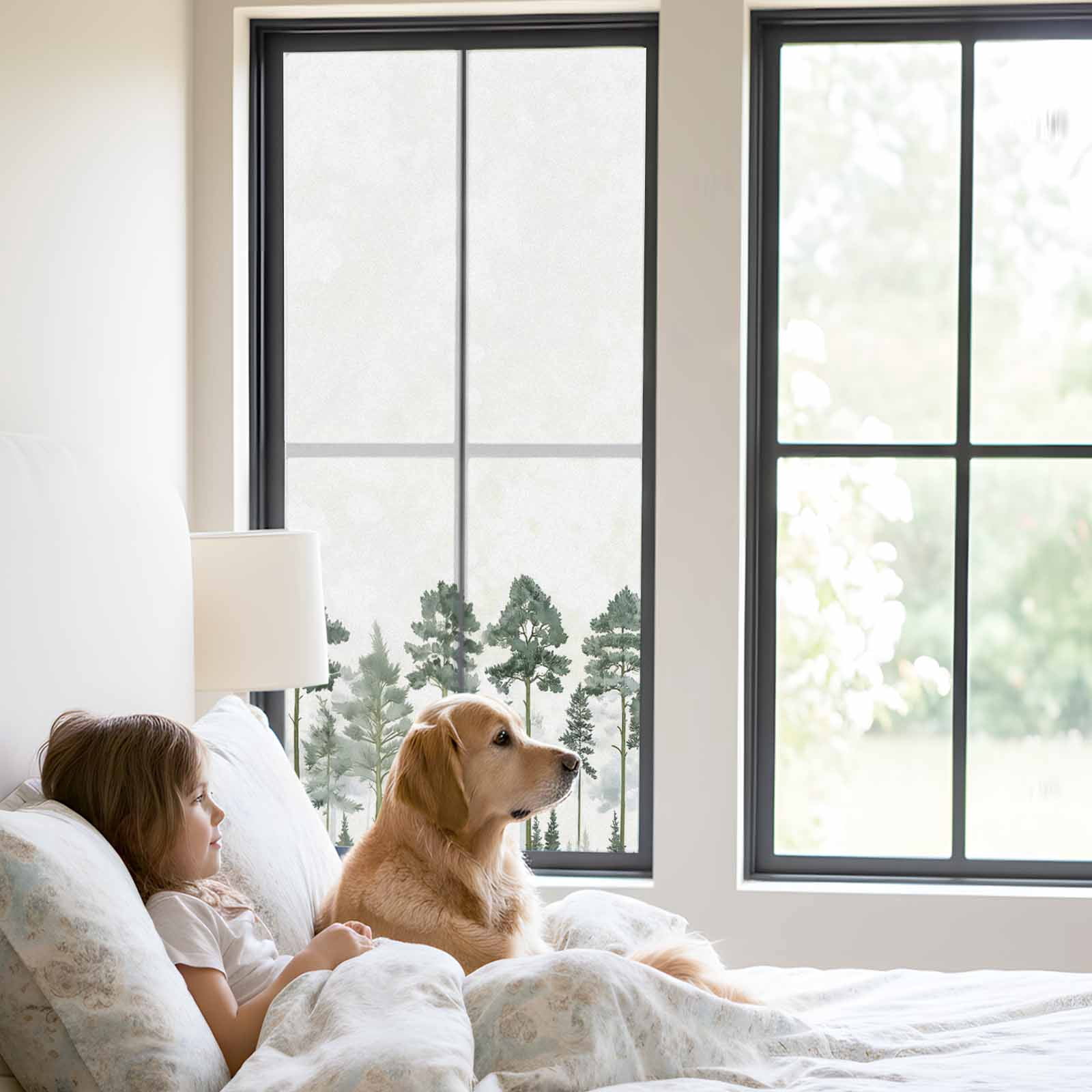 Green Botanical Window Privacy Film, Watercolor Tree Static Cling UV Sun Blocking Heat Control Window Tint Day and Night, Non-Adhesive Reusable One Way Windows Privacy Cover 23.6''x59''