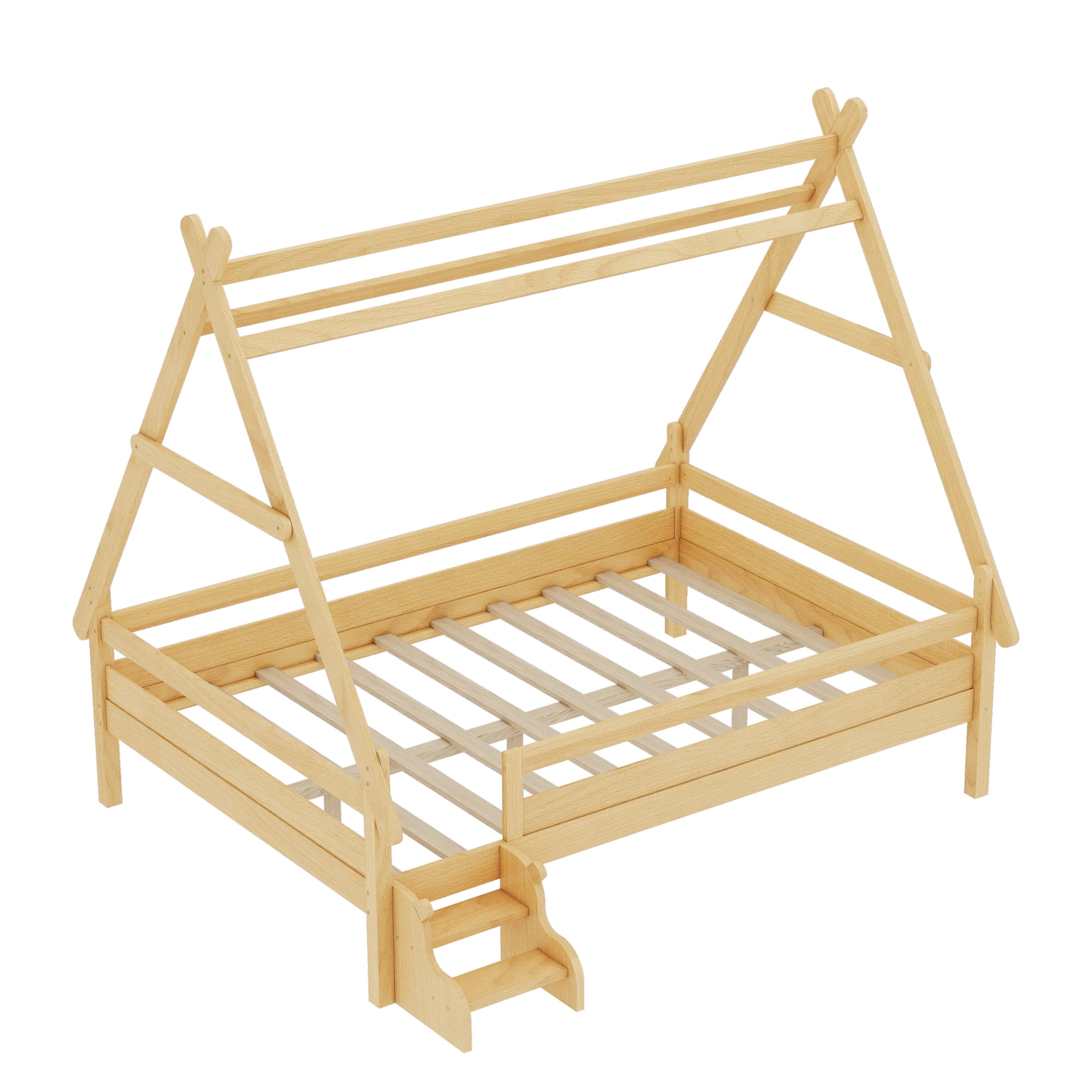 Miniyam Full House Platform Bed with Stairs, Solid Wood Kids Bed with Low Profile Design, Natural