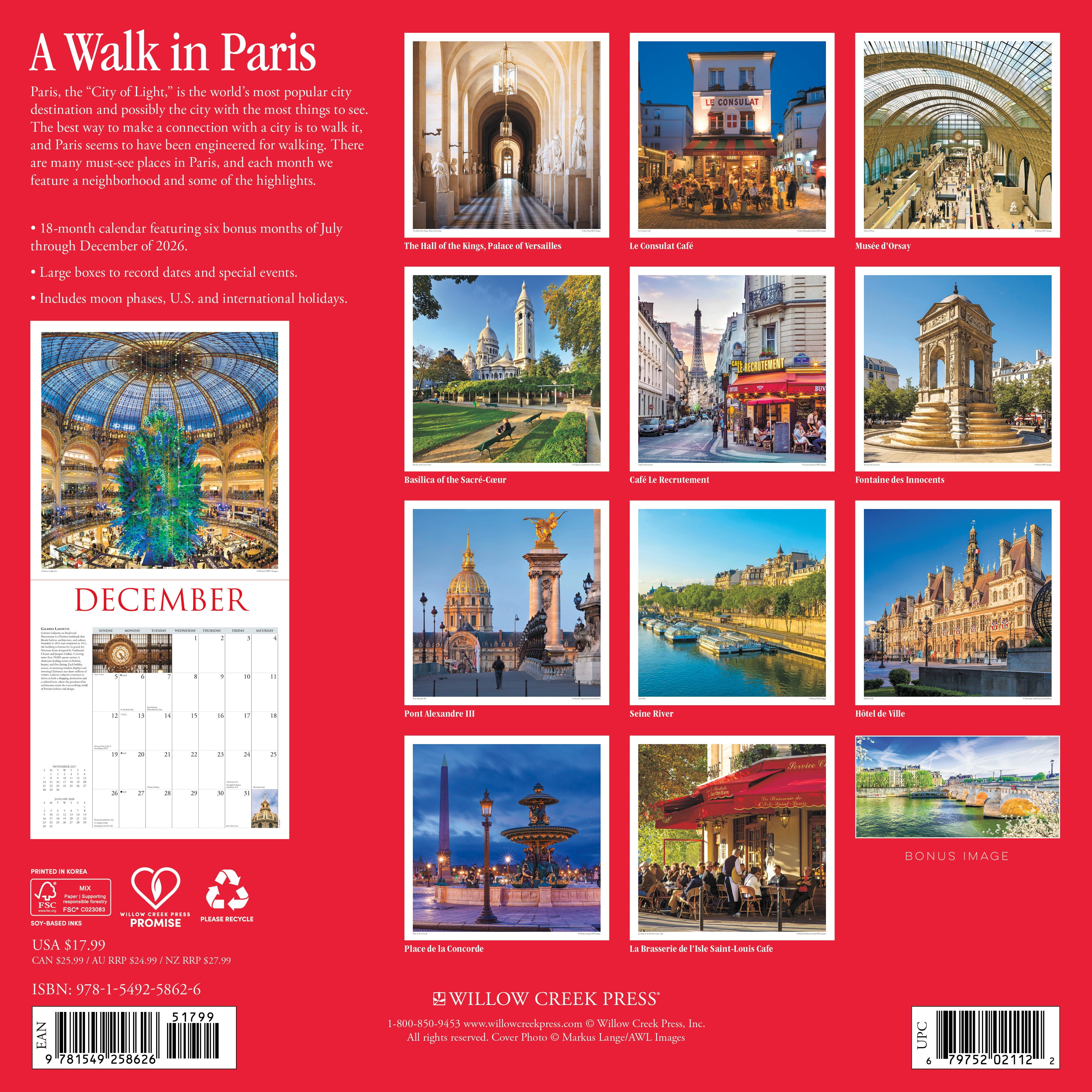 Willow Creek Press, A Walk in Paris 2027 Wall Calendar