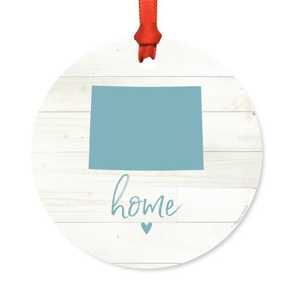 US State Round Metal Christmas Ornament, Rustic Light Wood Print, Colorado Home, Includes Ribbon and Gift Bag