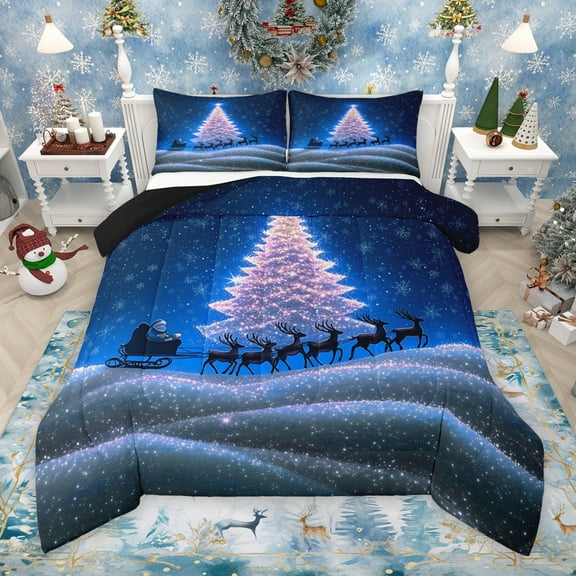 Manfei Snowflake Xmas Tree Bedding Comforter Set for Kids, Magical Santa Claus Twin Comforter Sets, Blue Dreamy Christmas Reindeer Reversible Bedding Set, Luxury Bedroom Decor, 2 Pieces