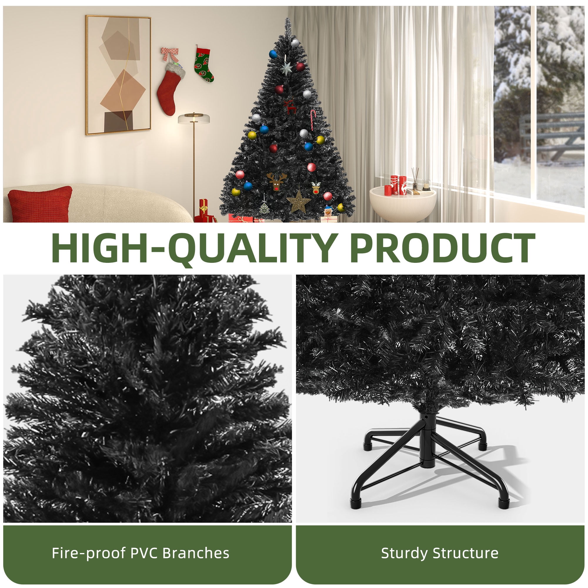 Uforic 6ft Halloween Artificial Christmas Tree with 818 Branch Tips & Foldable Base, Black