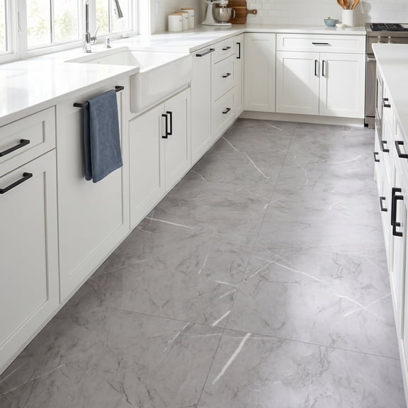 OULII 10Pcs Grey PVC Self Adhesive Floor Tiles Waterproof Vinyl Flooring for Bathroom Kitchen Living Room