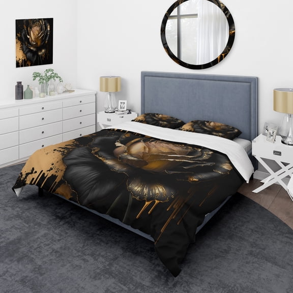 Designart "Elegant Black and Gold Rose II" Floral & Botanical Bedding Covert Set - Rose Black Floral Bed Set With 2 Shams