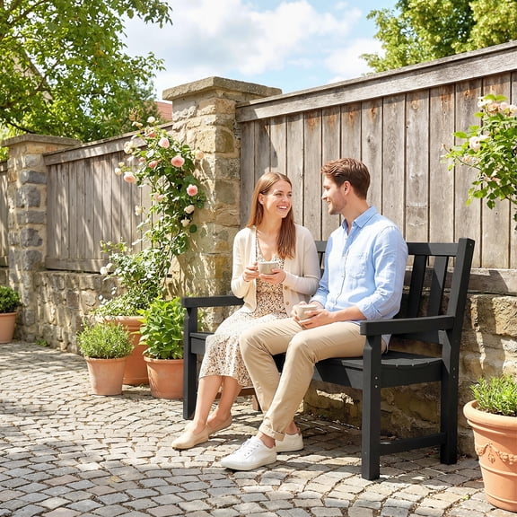 Outsunny Outdoor Bench, 49" All-Weather HDPE Garden Bench, 2-Person Patio Benches with 530 lbs Capacity, Curved Seat for Backyard, Black