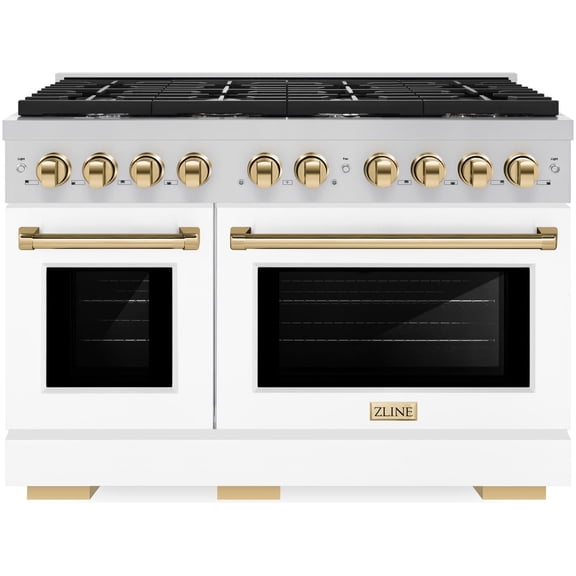 ZLINE Autograph Edition 48 in. 6.7 cu. ft. Paramount Double Oven Gas Range with 8 Burner Cooktop in Stainless Steel with White Matte Doors and Polished Gold Accents (SGRZ-WM-48-G)