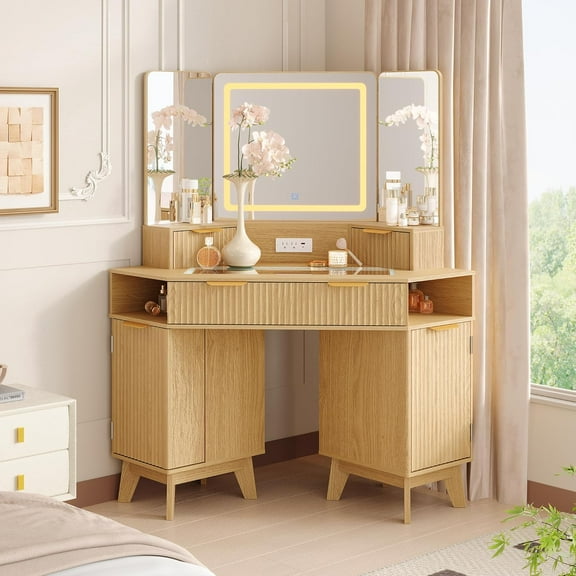 IdealHouse Fluted Vanity Table with Mirror, Glass Top, Cabinet and Drawers, Makeup Desk, Oak