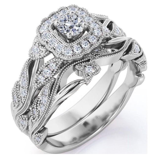JeenMata Anillo de Bodas Antiguo con Diamantes Redondos y Filigrana de Diamantes de Estilo Eduardiano, Estilo Art Déco, Engastado en Oro Blanco de 10 K