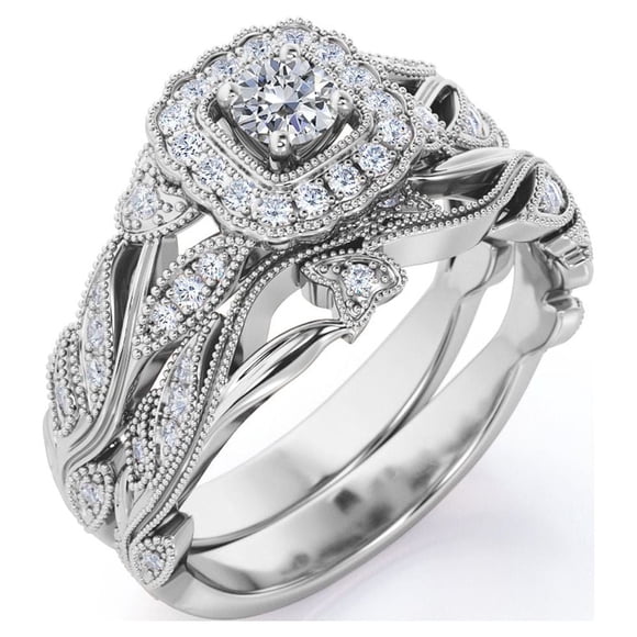 JeenMata Anillo de Bodas Antiguo con Diamantes Redondos y Filigrana de Diamantes de Estilo Eduardiano, Estilo Art Déco, Engastado en Oro Blanco de 10 K