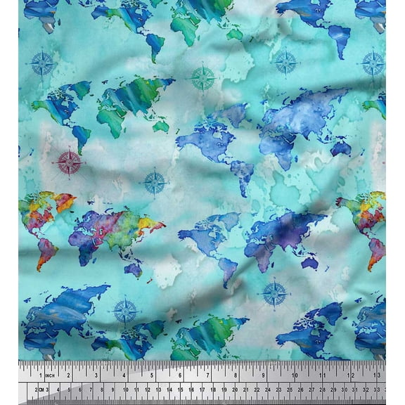 Soimoi Green polyester Crepe Fabric Direction Compass & World Map Printed Fabric 1 Yard 42 Inch Wide