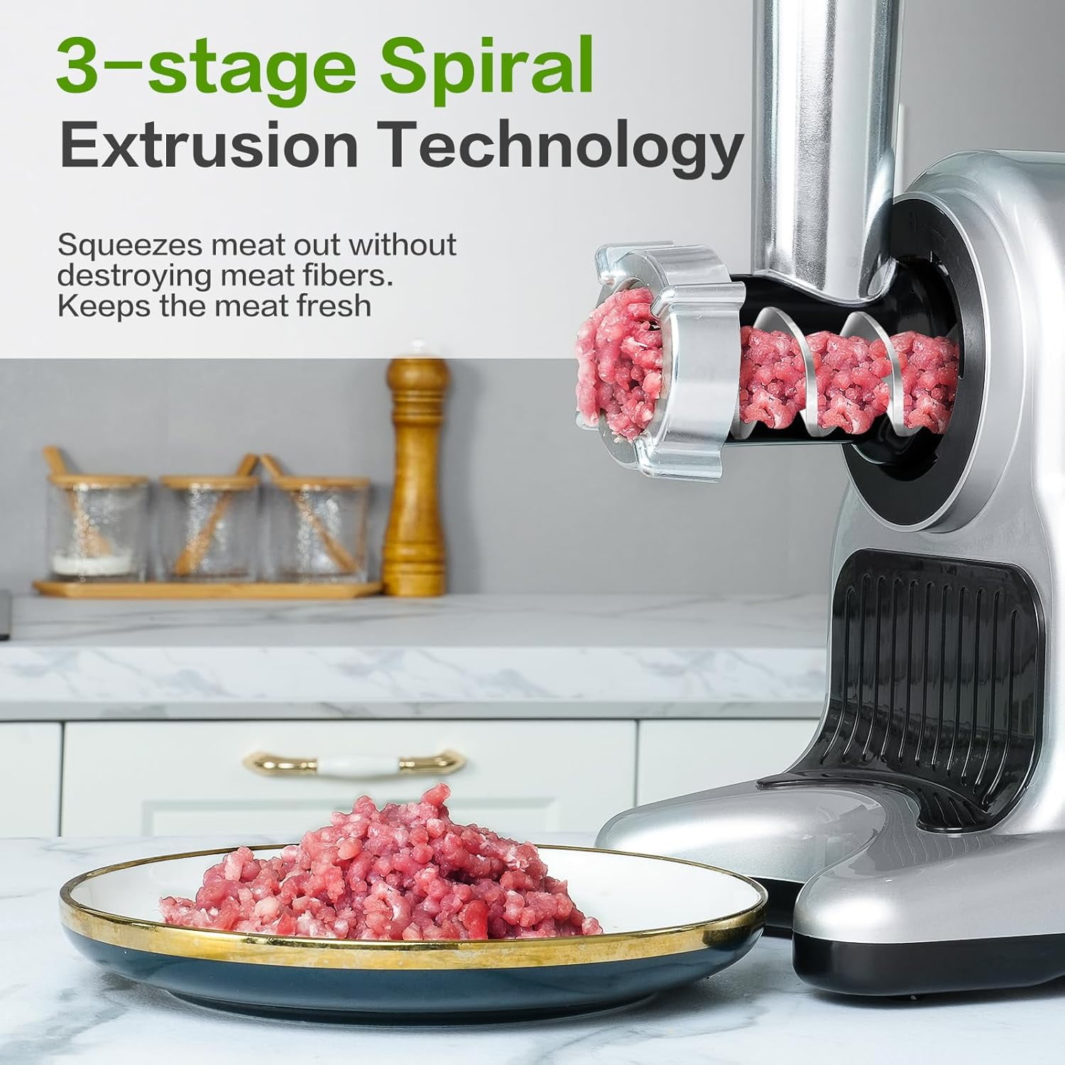 AMZCHEF 5-in-1 Cold Press Masticating Juicer with 3" Wide Feed Chute, Slow Juicer Machine with Meat Grinder, Vegetable Slicer & Snow Cone Maker, Easy to Clean, Stainless Steel