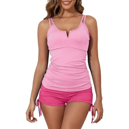 Eytino Womens Swimsuits Two Piece V Neck Swimming Suits Tummy Control Bathing Suit Tankini Top with Boyshorts Swimwear Pink S-2XL