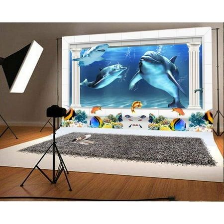 Image of ABPHOTO 7x5ft Photography Backdrop 3D Aquarium Undersea World Dolphine Fish Home TV Sofa Decor Artistic Scenery Backdrops