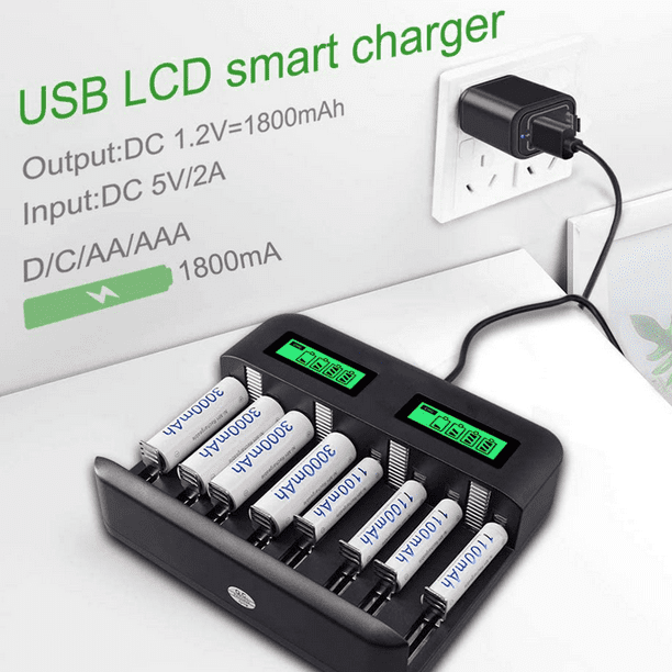 Chargeur universel de batterie LCD 8 baies pour piles rechargeables AA AAA  CD avec port USB 2A 