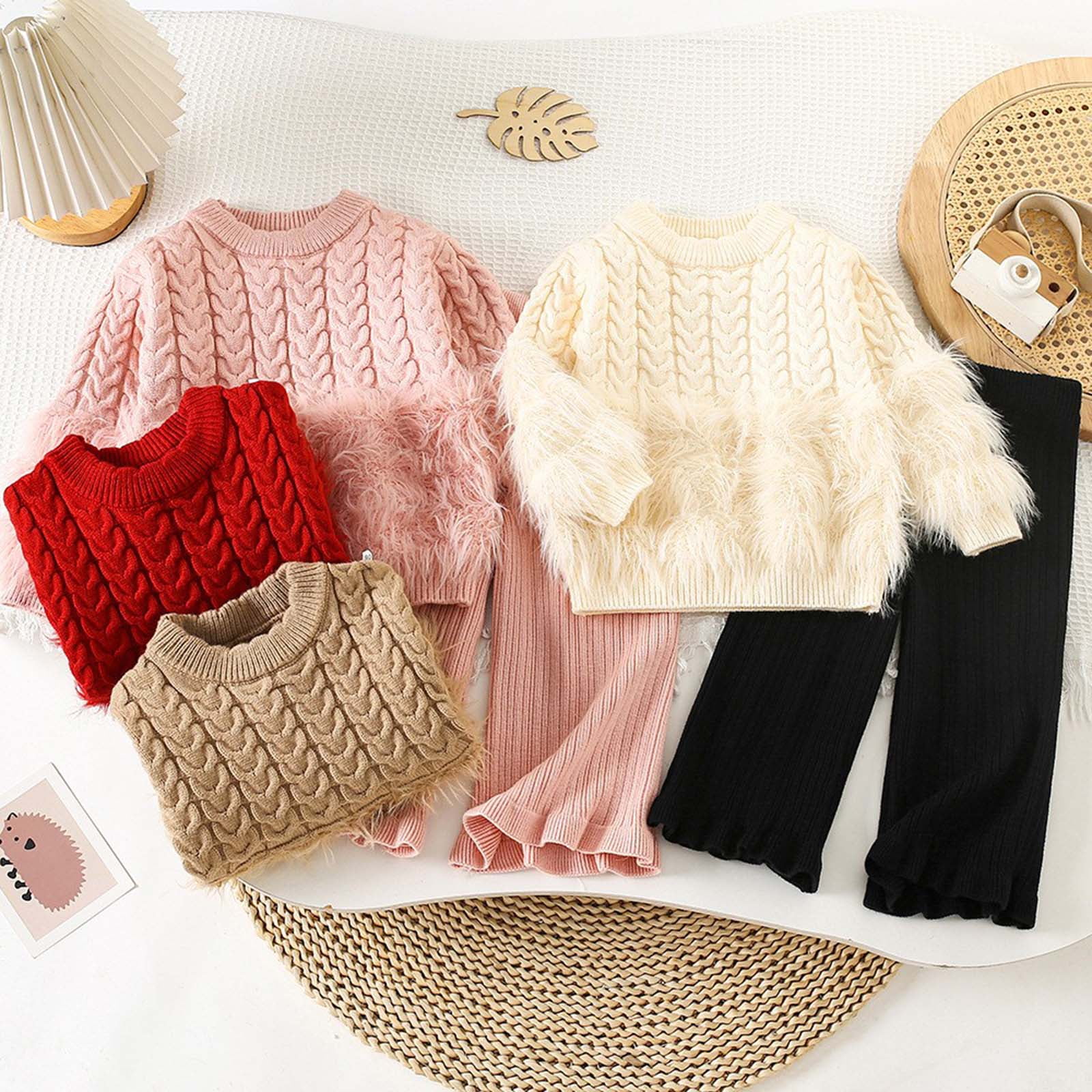 Zanarzt Toddler Baby Girls Clothes Outfits Little Girl Top Shirts Pants 2PC Sets for Girls Sweater Flare Wide Leg Pant Cute Outfit Pink,6-7 Years