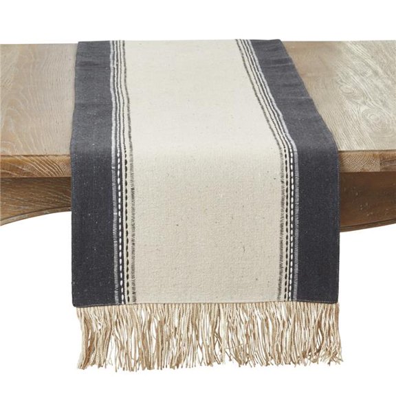 Saro Lifestyle 9754.BN1672B 16 x 72 in. Fringe Detail Banded Table Runner, Black & Natural