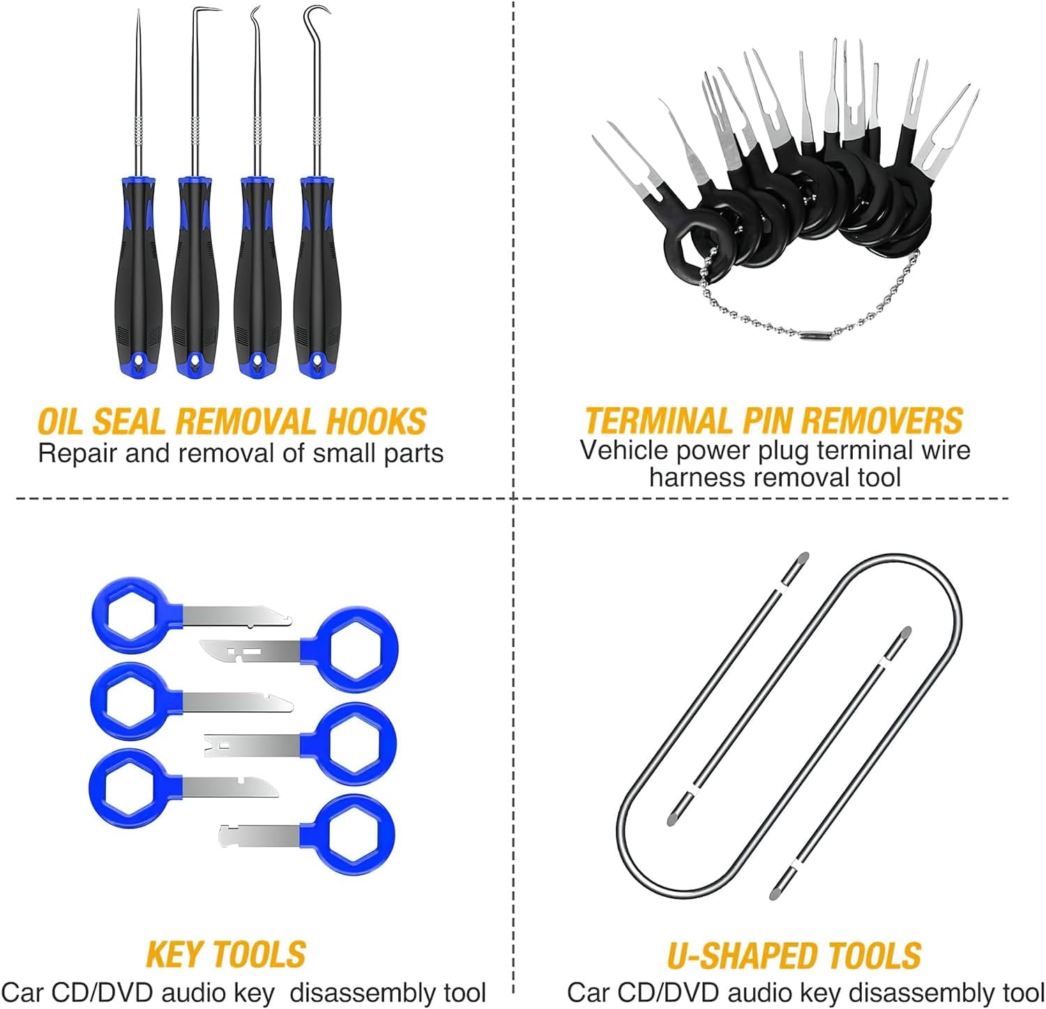 GOOACC 40Pcs Trim Removal Tool,Auto Terminal Removal Key Tool,Auto Clip Pliers Stereo Removal Tools,Car Upholstery Repair Removal Kit,Precision Hook and Pick Set,Wiring Threader,Car Film Scrape-Blue