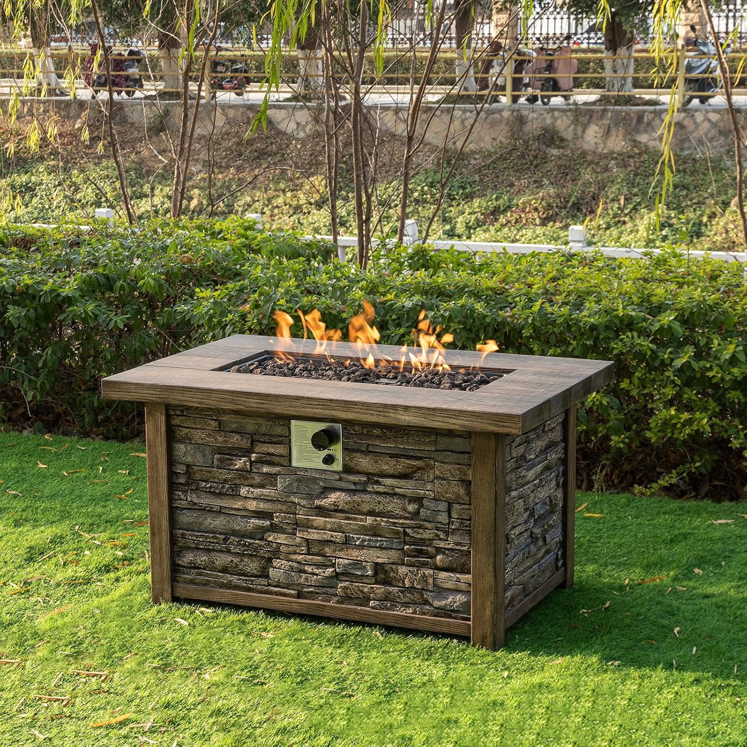 Afterglow Outdoor Retangular TerraFab Propane Fire Pit Table for Outside Patio Backyard Garden with Weather Cover and Lava Rocks, 50000 BTU, 43.5”Lx27.36”Wx23.8”H, Brown, CSA Certificated