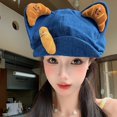 thumbnail image 2 of Slccxzc 3D Cat Ear Denim Beret, Flip Brim Foldable Newsboy Cap for Women, 2 of 7
