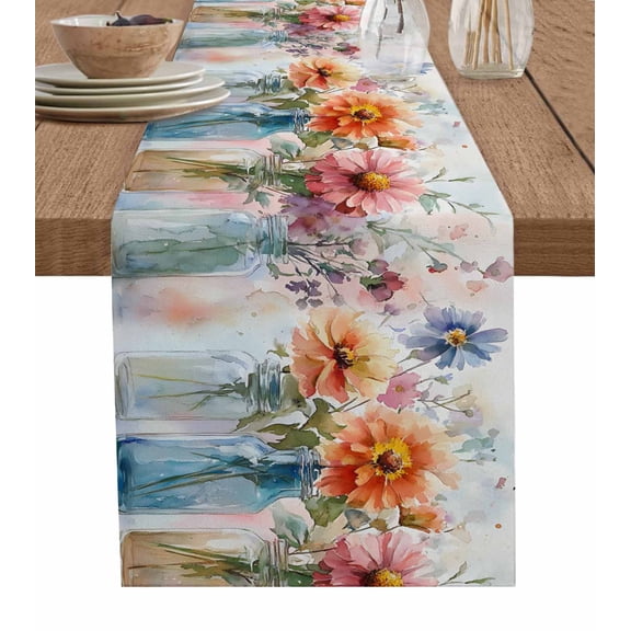 Rustic Flowers Table Runner 60 Inches, Spring Colorful Botanical Bottle Floral Bed Runner Dresser Scarves Tabletop for Indoor Outdoor Parties/Ceremony/Banquet, 13" x 60"