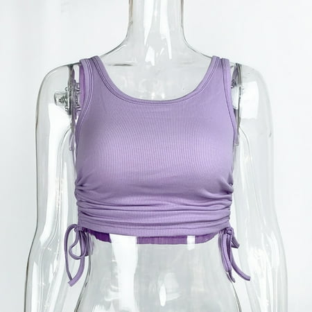 

New Women s Summer Sexy Sleveeless Drawstring Solid Color Vest Off Shoulder Knitted Cotton Sliming Stretch Tops