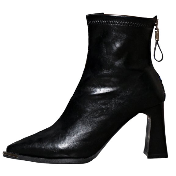 C-143 Black Ladies Fall Winter Short Boots Pointed Toe Rear Zipper Thick Heel Mid Calf Casual Fashionable