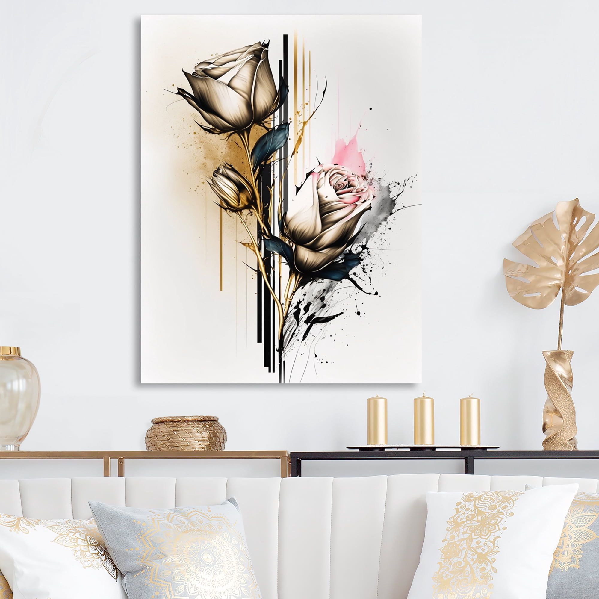 Designart Roses Flow Flower On Golden Beige Paint IV Canvas Wall Art
