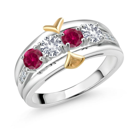 Gem Stone King 1.05 Ct Red Created Ruby White Created Sapphire 925 Silver and 10K Yellow Gold 4-Stone Lab Grown Diamond Band Ring (Size 9)