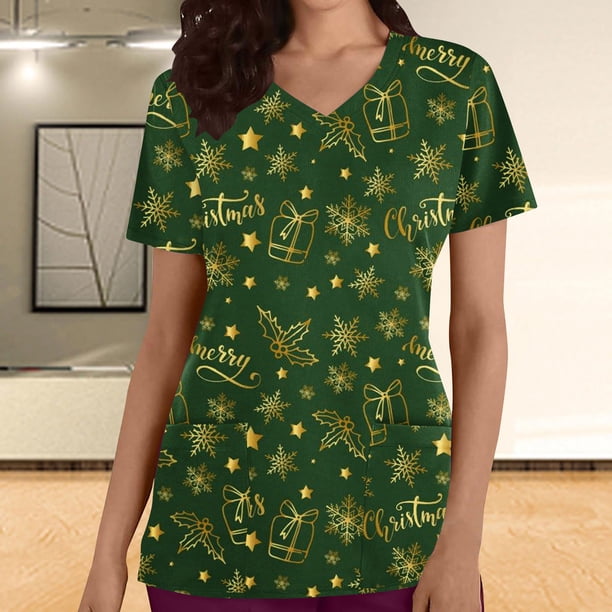 Fiudx Ofertas Del Día Blusa de Manga Corta con Cuello En V para Mujer, Uniforme de Trabajo, Impresión de Bolsillo