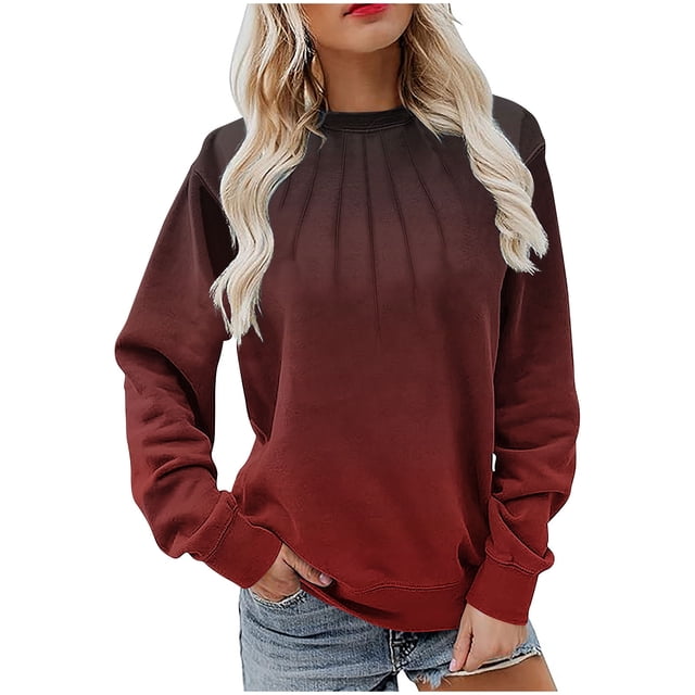 ZVNAH Chandails en Molleton pour Femmes Col Rond en Molleton Surdimensionné Manches Longues Chandail Chandails en Molleton Automne 2025 Hauts Mignons Dégradé Vêtements Preppy