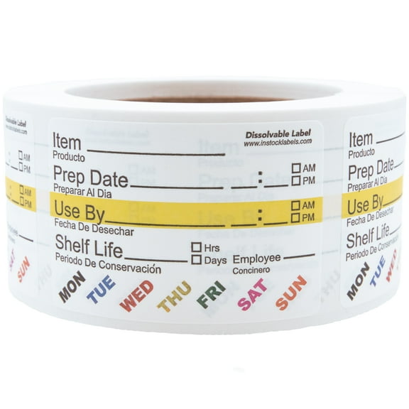 Dissolvable Food Life Rotation Prep Use by Stickers with Spanish Wording, 2 x 3 Inches Wide, 500 Labels on a Roll