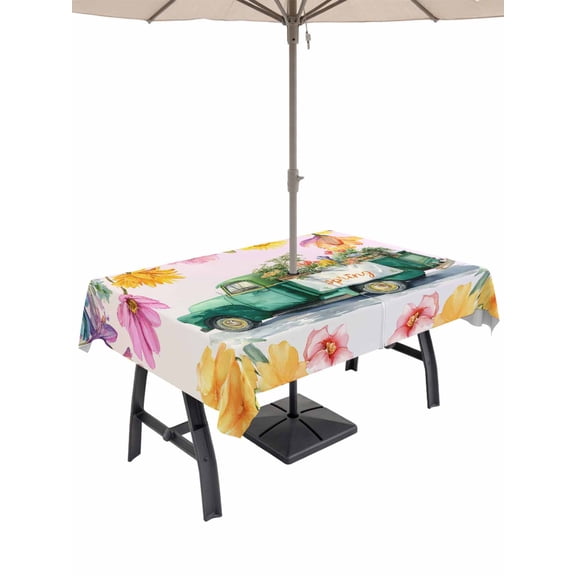 Outdoor Tablecloth with Umbrella Hole for Patio/Picnic/Party/Camping, Spring Floral Waterproof Table Cloth Rectangle Table Cover Washable, Farmhosue Truck Oil Painting Flowers Pink Ombre (52"x 70")