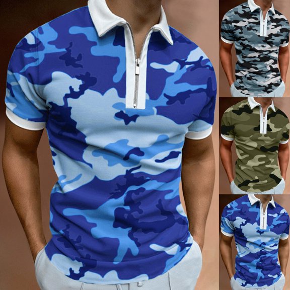 Mens Graphic T-shirts Short Sleeve Zip Polo Shirts Camo Print Lapel Casual Daily Summer Top Blue L