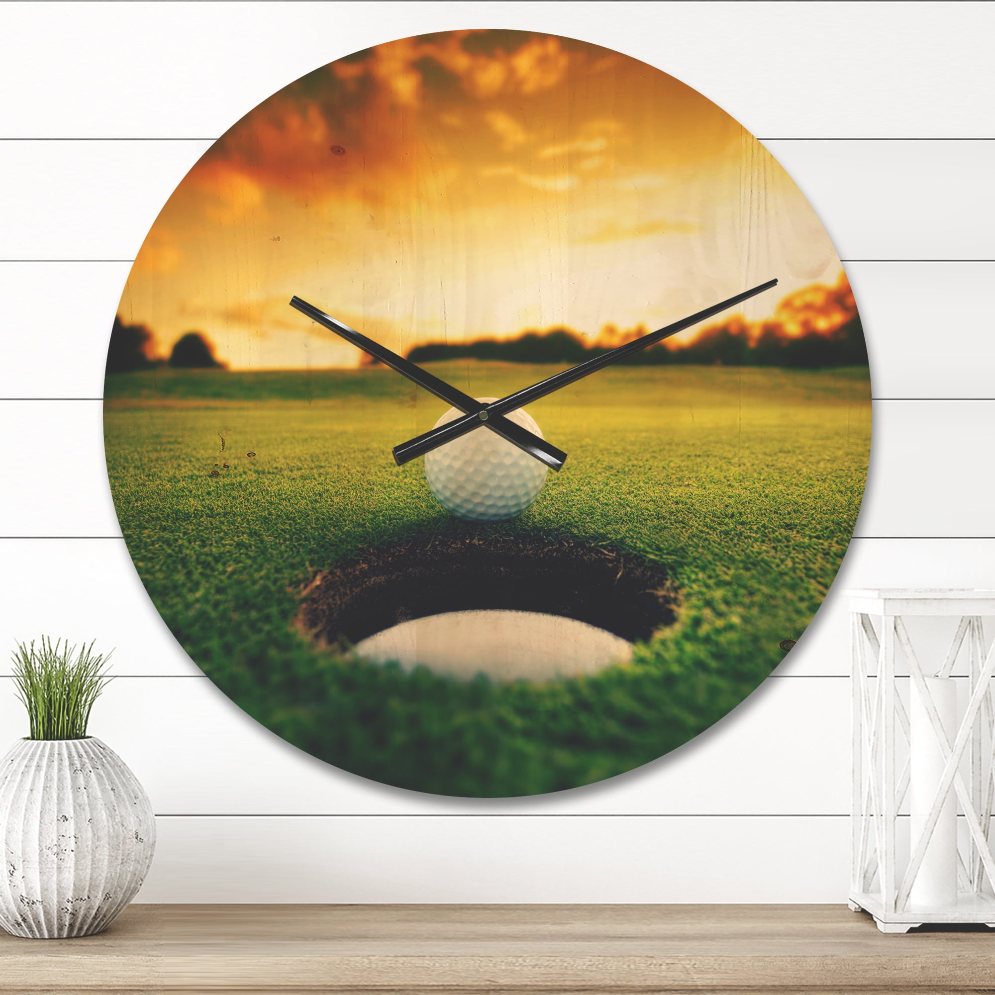 Designart 'Golf Ball Near Hole With Sunset Lights' Modern Wood Wall Clock