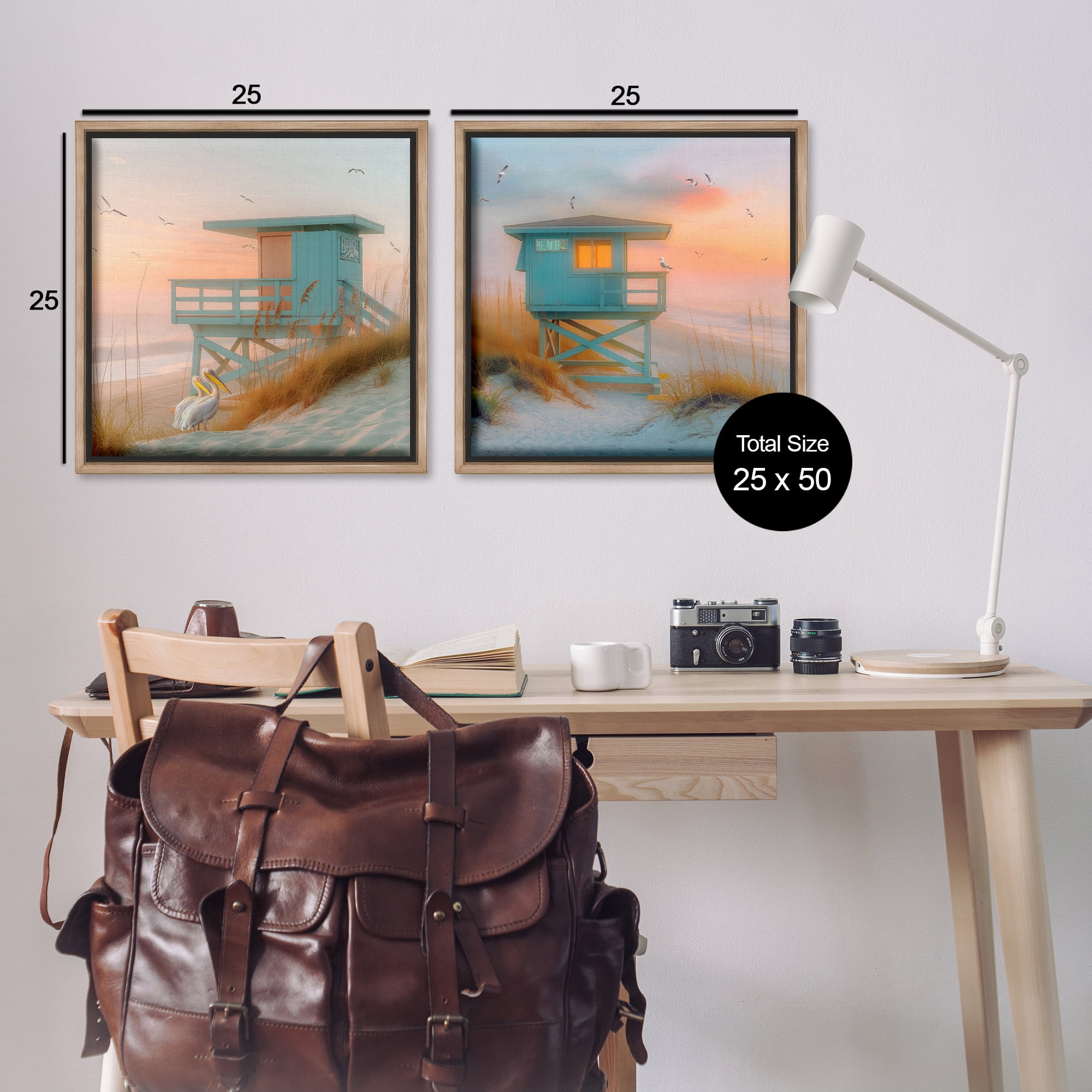 Stupell Industries Lifeguard Beach Hut Pelicans Nautical & Beach Painting Brown Floater Framed Canvas Art Print Wall Art, 25 x 25, Set of 2