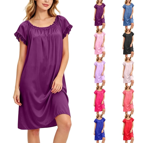 Lightweight Nightgowns for Women Zaewscy Lady's Home-style Short-sleeved Lace Nightgown Purple Free Size