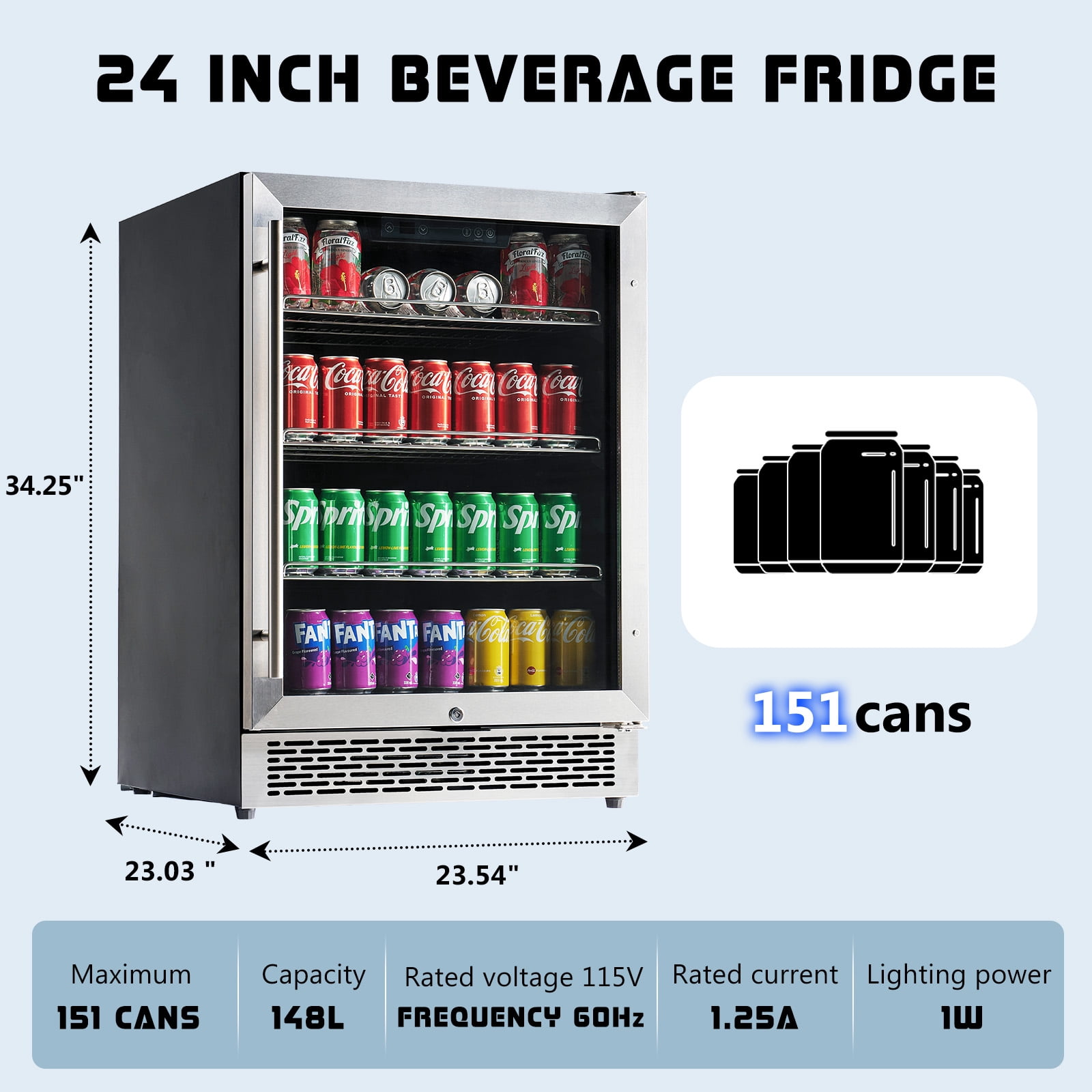 Jocisland Beverage Refrigerator-24 in Fridge with Glass Door, Adjustable Shelves and LED Touch Panel, Under Counter Design for Wine Beer Use, 34-64℉