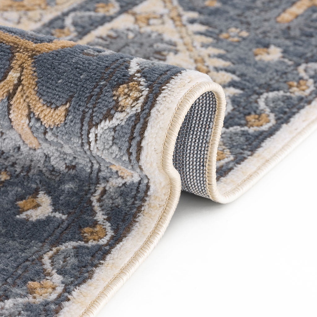 MAYEERTY 8x10' Tiled Border Area Rug Blue Cream Polyester