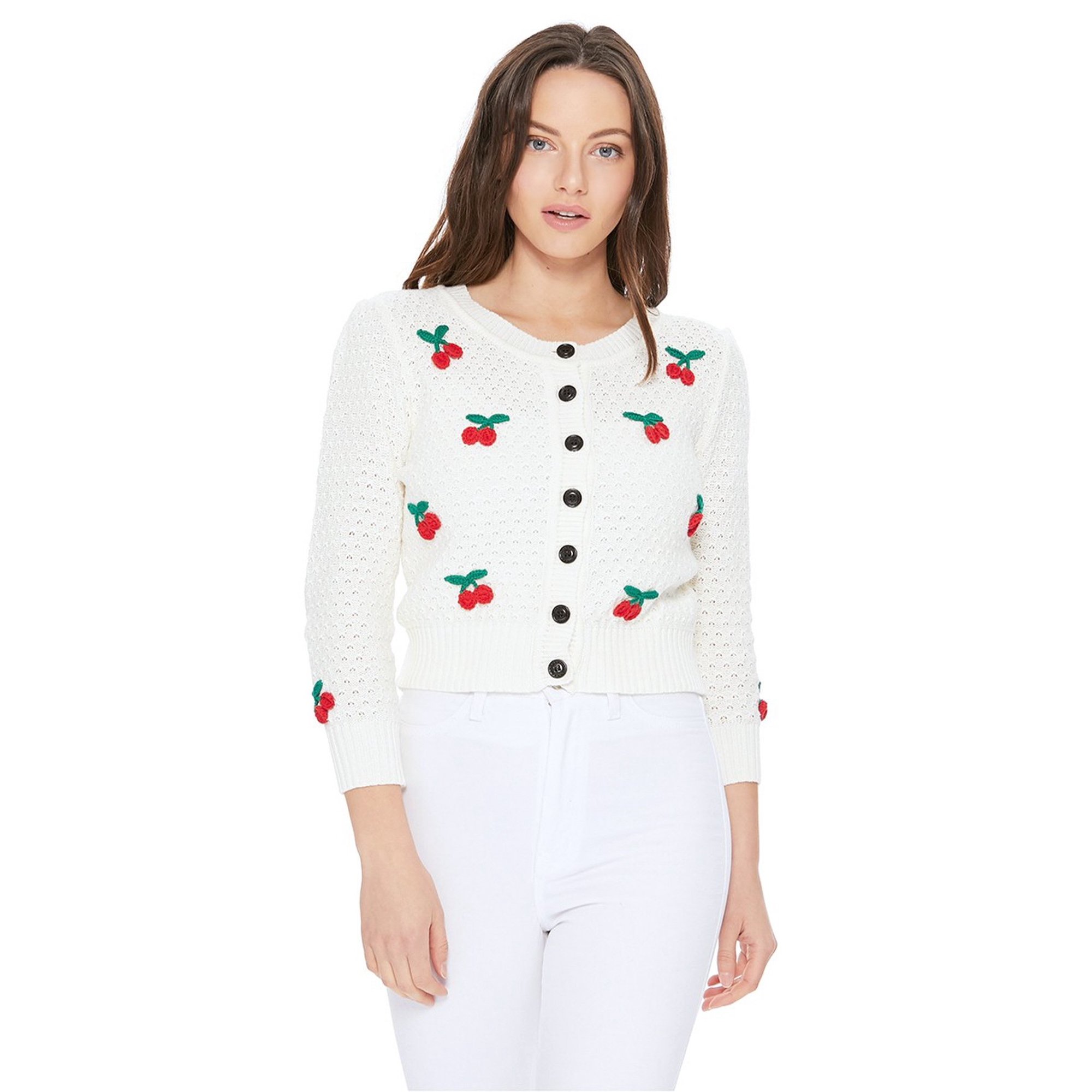 YEMAK Women's Cherry Pompom 3/4 Sleeve Cropped Honeycomb Knit Cardigan  Sweater MK3515-IVORY/RED-S - Walmart.com