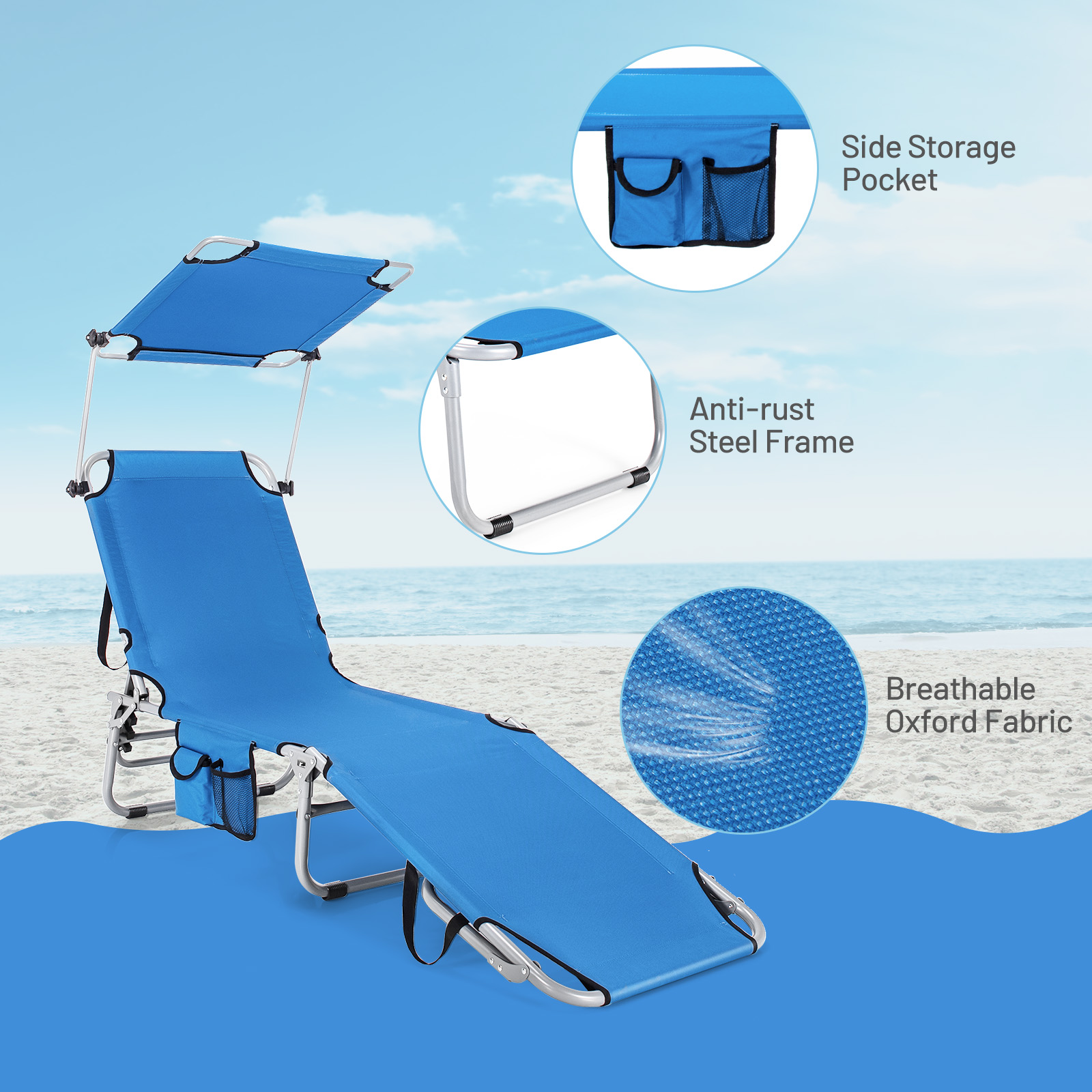 Topbuy Foldable Sun Shading Chaise Lounge Chair Adjustable Beach Recliner Blue - image 3 of 10