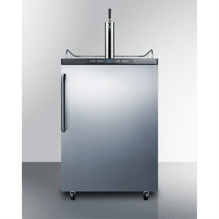 Freestanding commercially listed beer dispenser, auto defrost with digital thermostat, stainless steel door, towel bar handle, and black cabinet