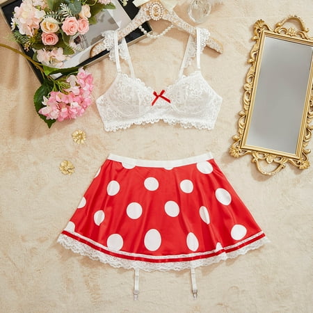 UKLSQMA Women s Sexy Corset Lace Lingerie Adjustable Bust Sleepskirt and Bra Set for Nights and Moments Red XL