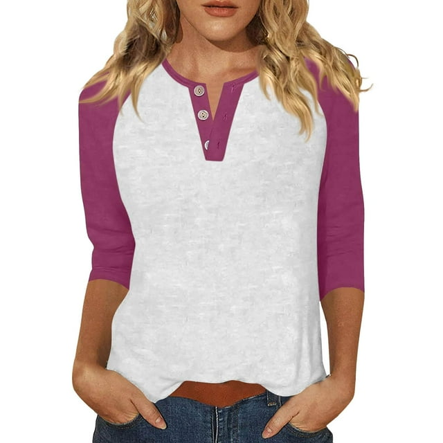 ManxiVoo Haut Décontracté pour Femmes Col en V Manches 3/4 avec Boutons et Manches Raglan pour l'Été Taille P Rose Vif
