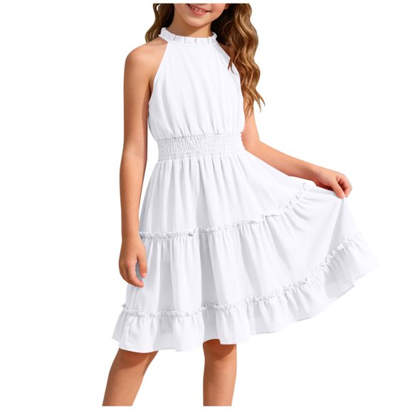 Lutiedan Girls Halter Neck Dress Sleeveless Ruffle Hem A-line Dress Knee Length Summer Elegant Swing Pleated Dress 5-14 Years
