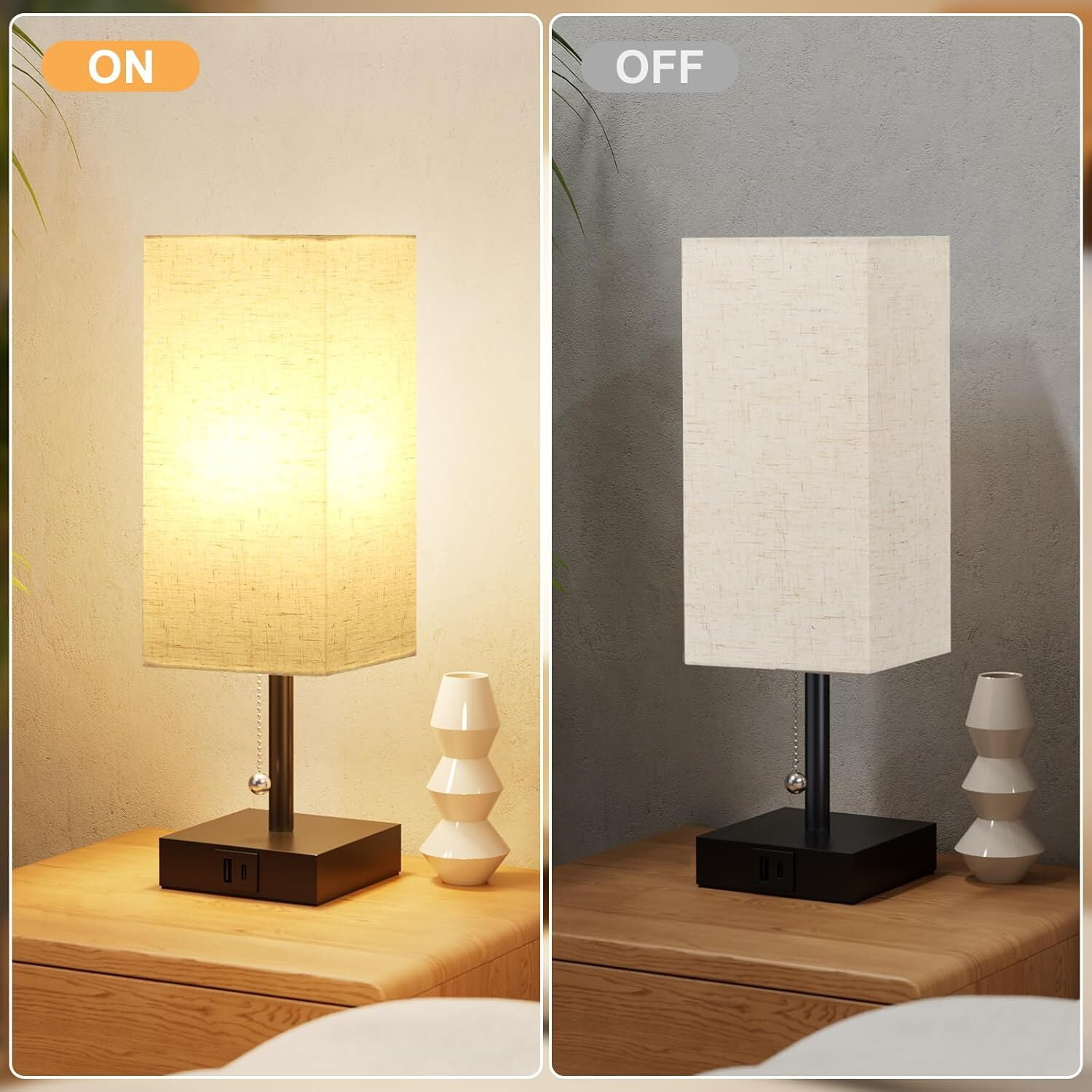 Bedside Table Lamp Pull Chain Table Lamp With USB C&A Fast Charging Port, AC Outlet, Solid Bedroom Lamps with Fabric Shade Nightstand Light for Living Room, Office, Reading (LED Bulb Included)