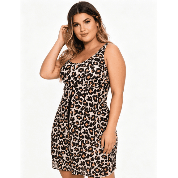 Women's Plus Size Swimwear U Neck Printed Tummy Control Side Split Swim Dress 2026 Summer One Piece Tankini Swimsuits